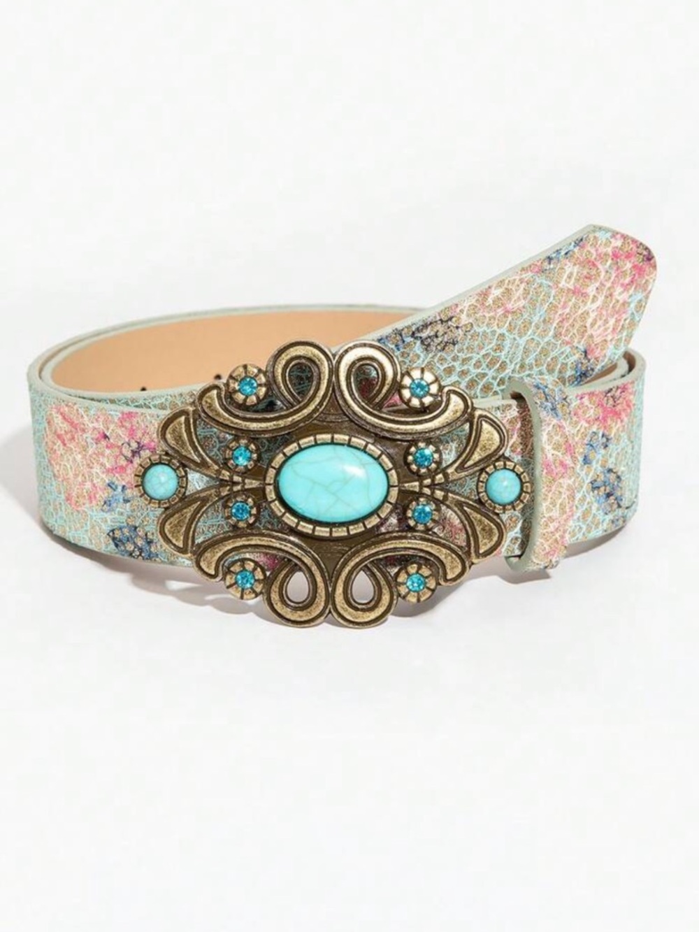 1pc Vintage Engraved Floral Pattern Colored Print PU Leather Belt